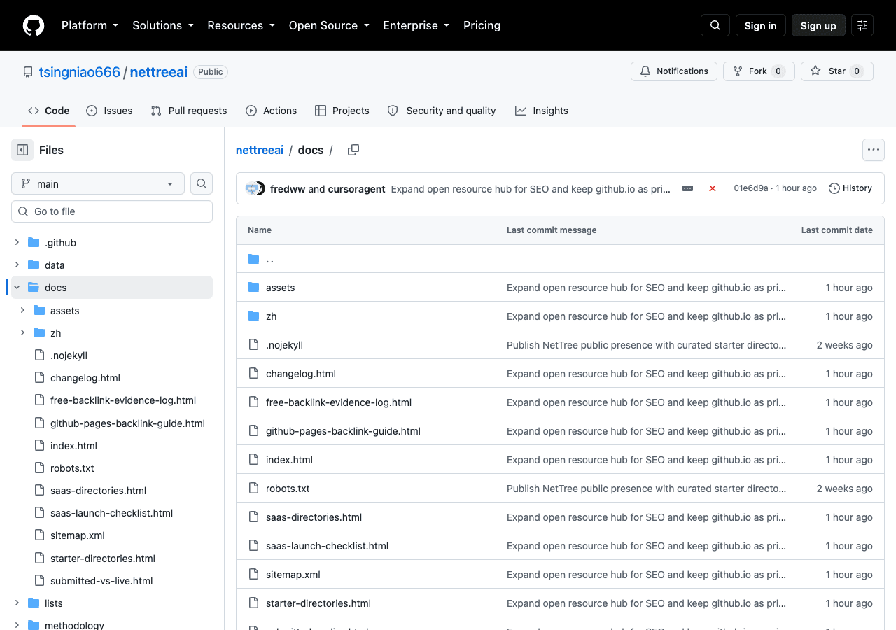 NetTreeAi docs folder on GitHub showing HTML guides and assets for GitHub Pages