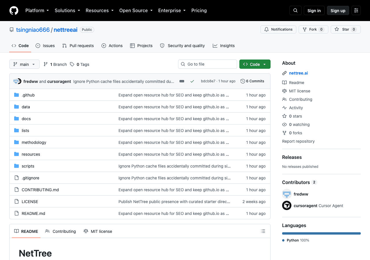 NetTree open GitHub repository README with product link and resource hub table