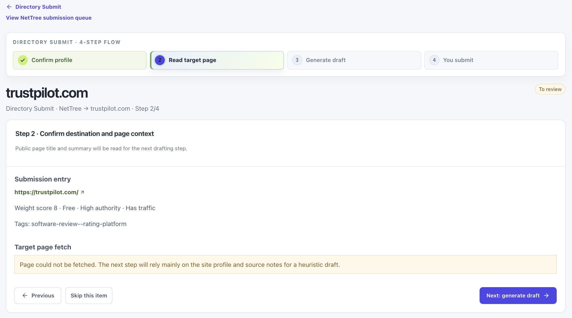 Generated directory draft fields ready to copy or fill via extension