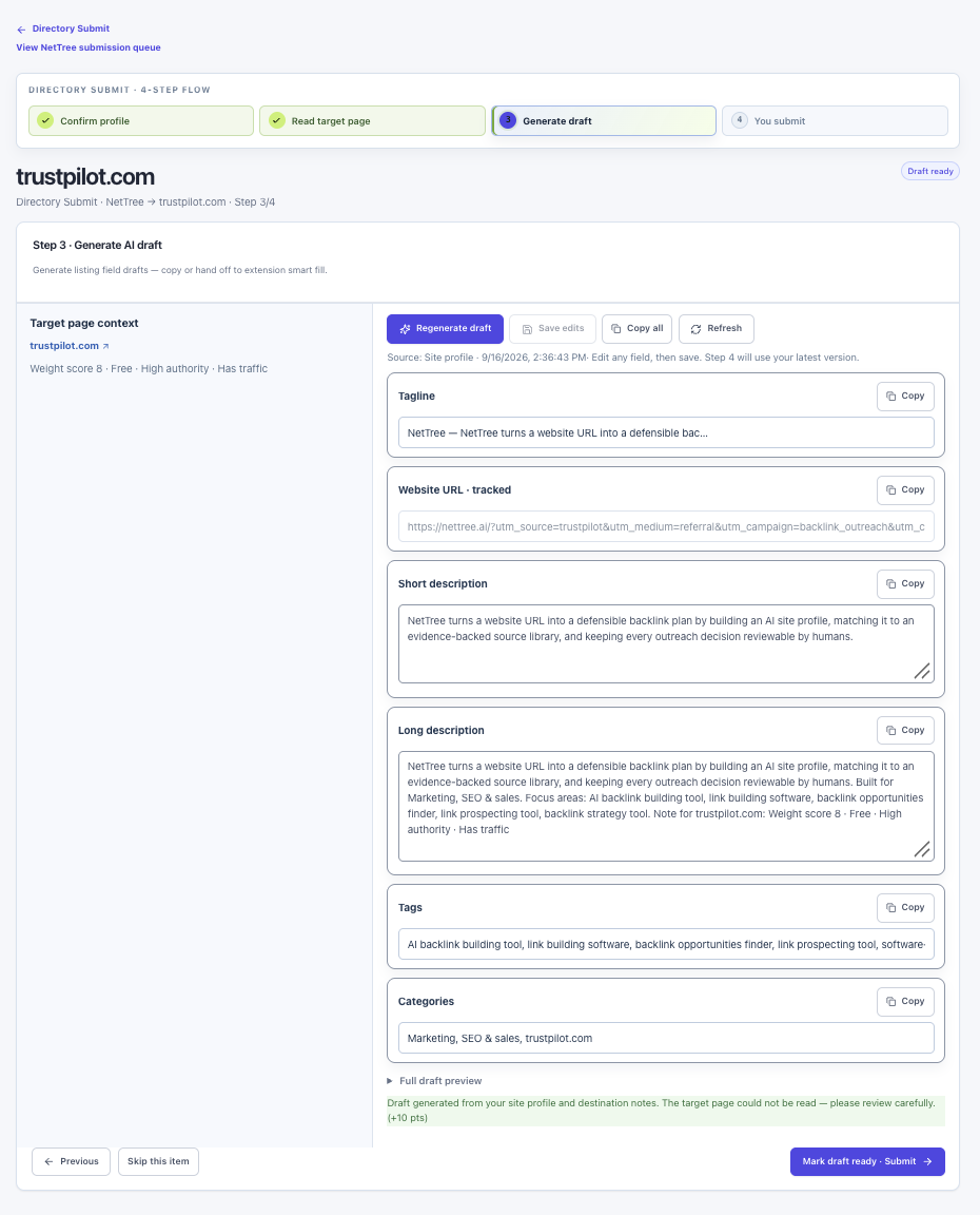 Open submit page from the workbench — final submit stays manual on the third-party site
