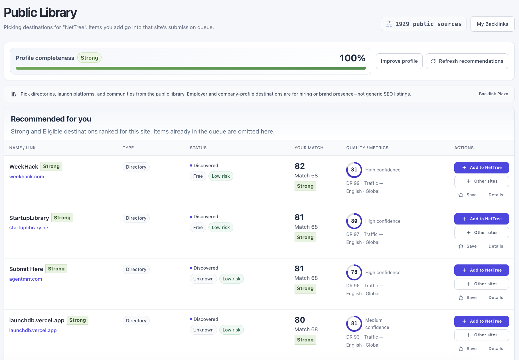 Opportunity library (Plaza) — recommended destinations, match scores, and Add to site